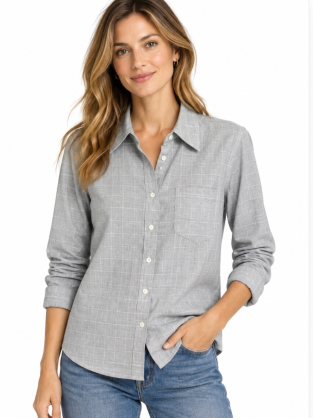 Argent Designer 100% Egyptian Cotton Windowpane Button-Down Work Blouse Size 4